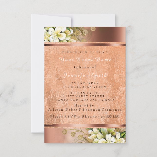 Invitation Floral Rose Or Cuivre Métallurgique Blush Élégant  (Devant)