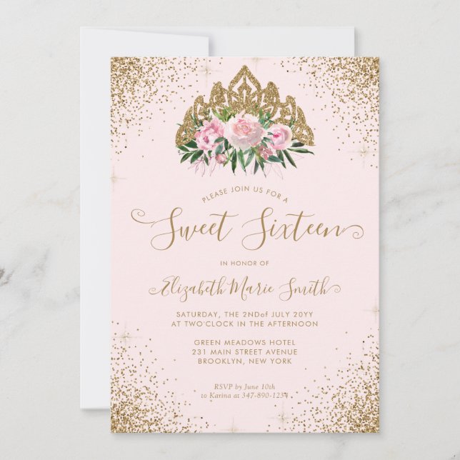 Invitation Floral rose or Parties scintillant Tiara Sweet 16  (Devant)
