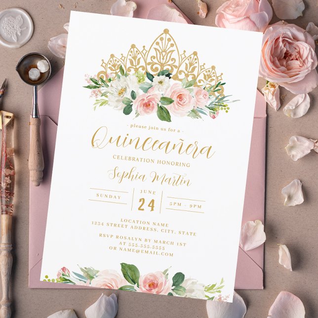 Invitation Floral rose or Tiara Quinceanera (Créateur téléchargé)