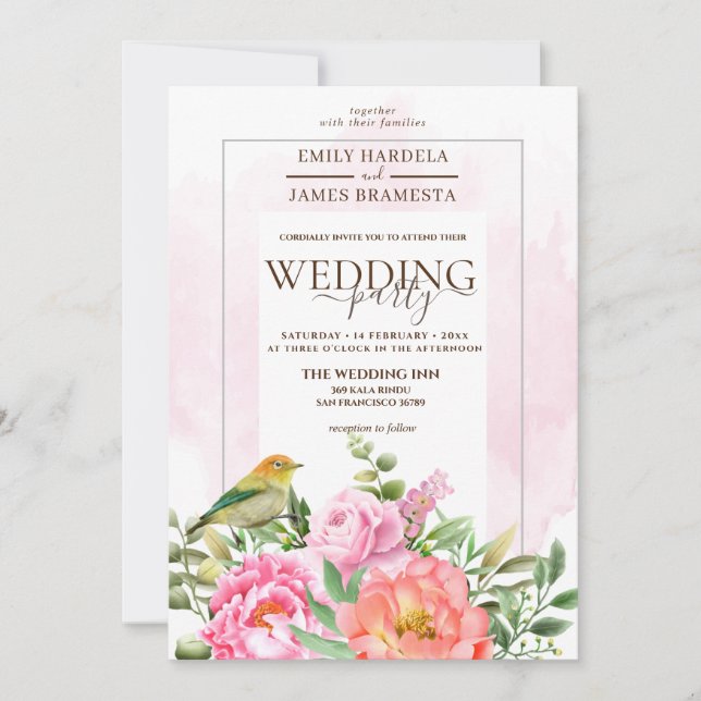 Invitation Floral rose Orange Avec Mariage Aquarelle Oiseau (Devant)