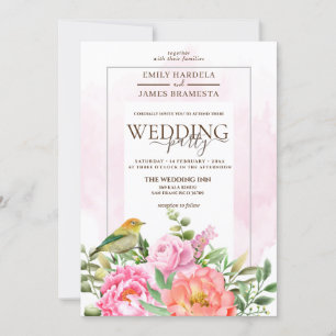 Invitation Floral rose Orange Avec Mariage Aquarelle Oiseau