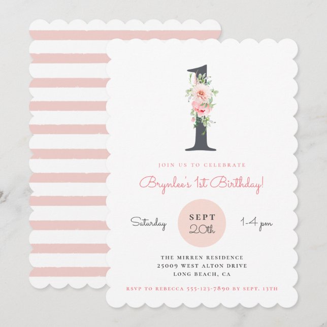 Invitation Floral rose pâle 1er anniversaire (Devant / Derrière)
