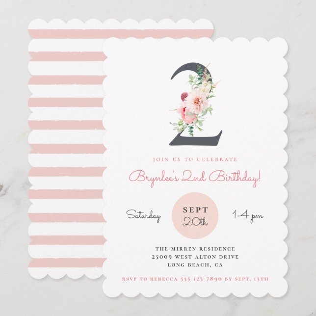 Invitation Floral rose pâle 2e anniversaire (Devant / Derrière)
