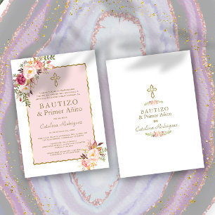 Invitation Floral rose pâle espagnol 1er anniversaire & Baptê
