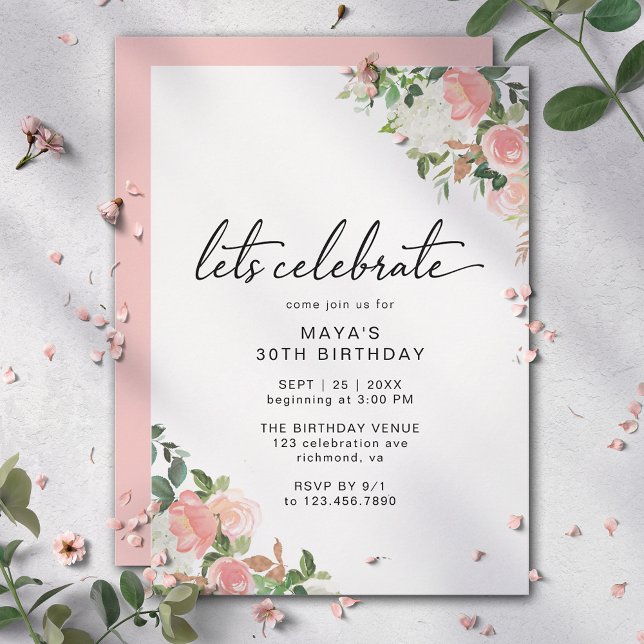 Invitation Floral rose pâle | Moderne Elegant Fille Anniversa (Créateur téléchargé)