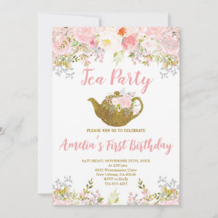 Invitation Floral rose pâle, premier anniversaire de thé haut
