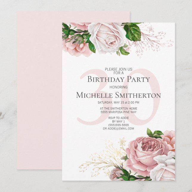 Invitation Floral rose pâle Roses blanc 30e anniversaire (Devant / Derrière)