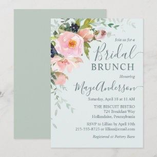 Invitation Floral rose pâle sur Brunch nuptial bleu clair