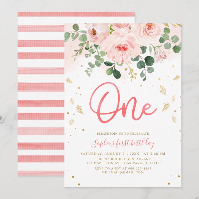 Invitation Floral rose pâle Un bébé fille 1er anniversaire (Devant / Derrière)