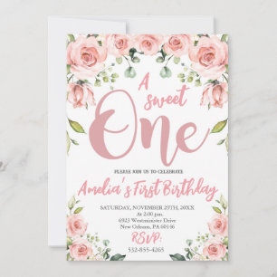Invitation Floral rose pâle Un sucré un premier anniversaire