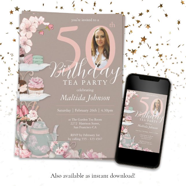 Invitation Floral rose personnalisé Tea Party 50e anniversair (50th Birthday Tea Party Floral Pink Custom Photo Invitation)