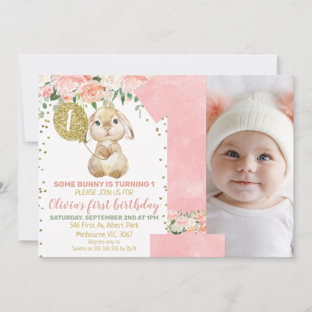 Invitation Floral rose Photo Fluffy Bunny 1er anniversaire (Devant)