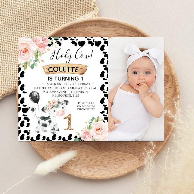 Invitation Floral rose Photo Vache noire Imprimer 1er anniver (Floral Holy Cow First Birthday Invitation Girl Photo, Cow Themed 1st Birthday Invitation Pink Floral)