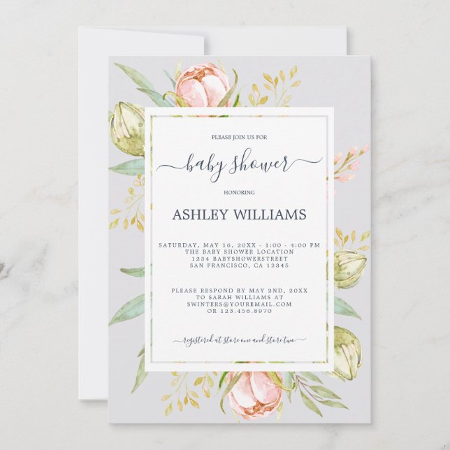 Invitation Floral rose pivoine Russe Boho violet Baby shower (Devant)