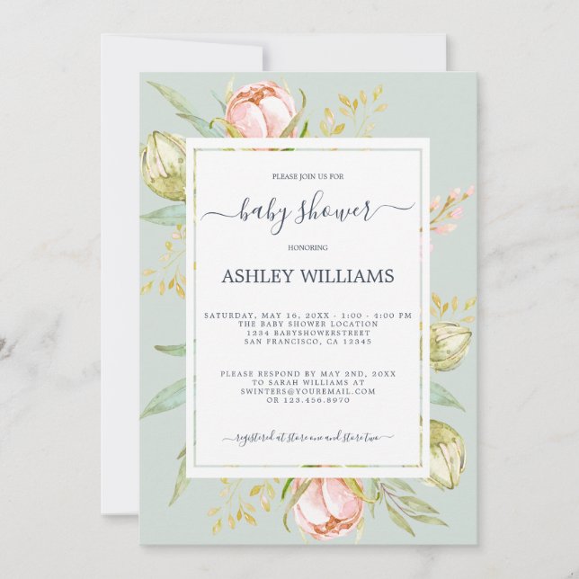 Invitation Floral rose pivoine Rustique Boho Baby shower bleu (Devant)