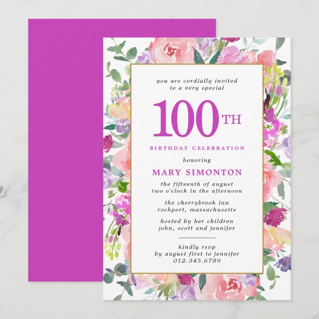 Invitation Floral rose pourpre 100e anniversaire (Devant / Derrière)