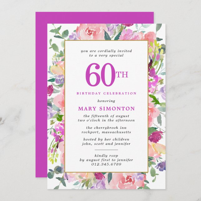Invitation Floral rose pourpre 60e anniversaire (Devant / Derrière)