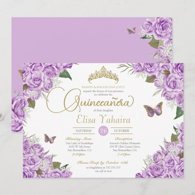 Invitation Floral Rose pourpre Tiara Butterfly Quinceanera (Devant / Derrière)