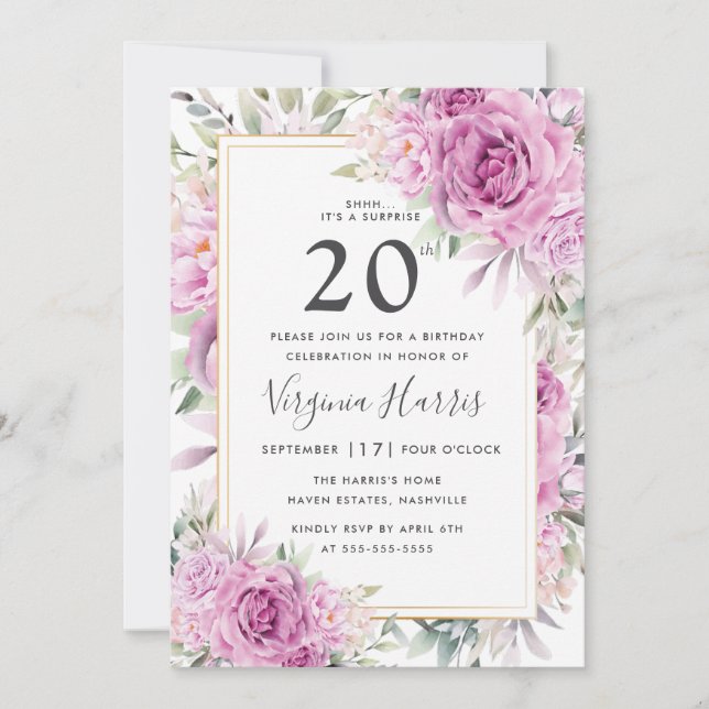 Invitation Floral Rose pourpre Vingt-vingtième anniversaire (Devant)