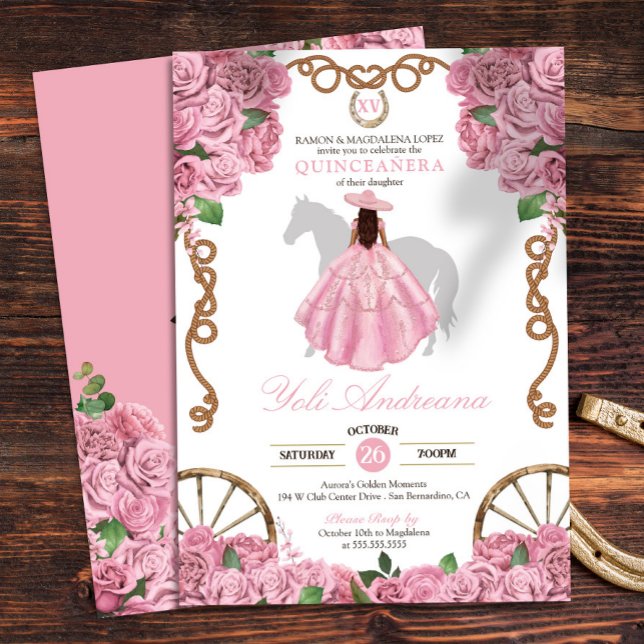 Invitation Floral Rose Rose clair Ouest Charro Quinceanera (Créateur téléchargé)