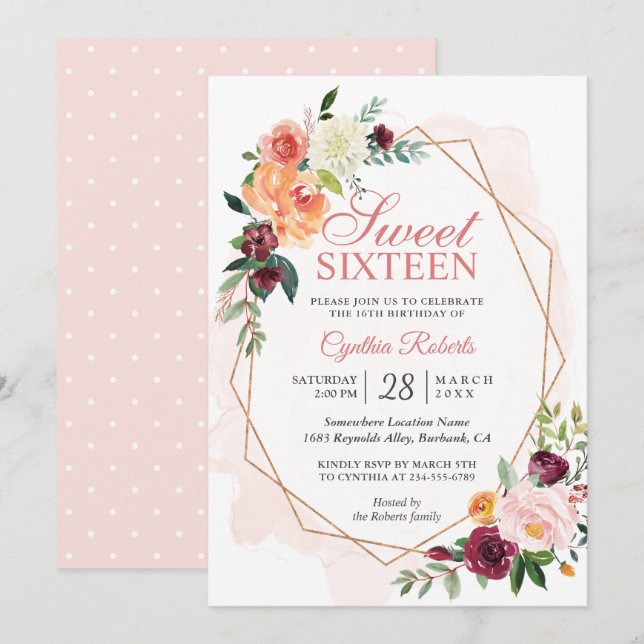 Invitation Floral rose rose moderne Doux 16 Anniversaire (Devant / Derrière)