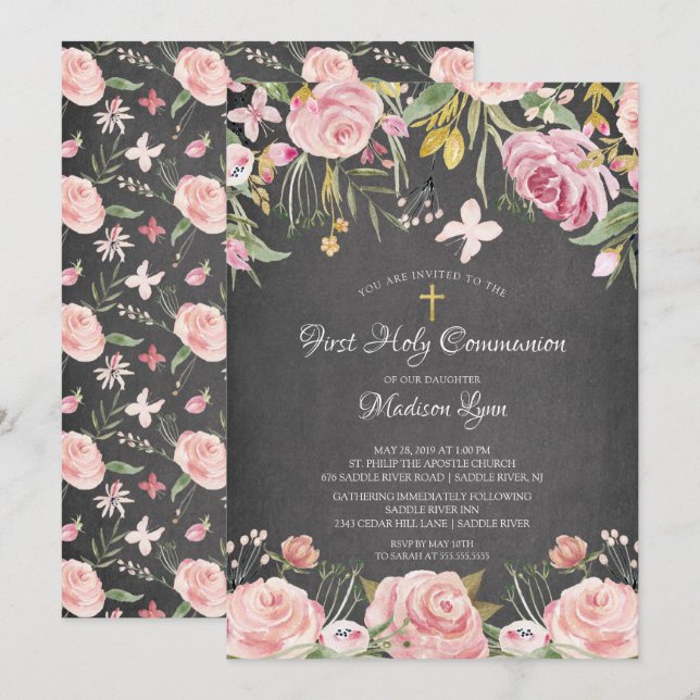 Invitation Floral rose rose moderne Première communion sainte (Devant / Derrière)
