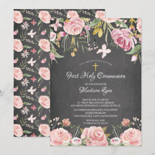 Invitation Floral rose rose moderne Première communion sainte