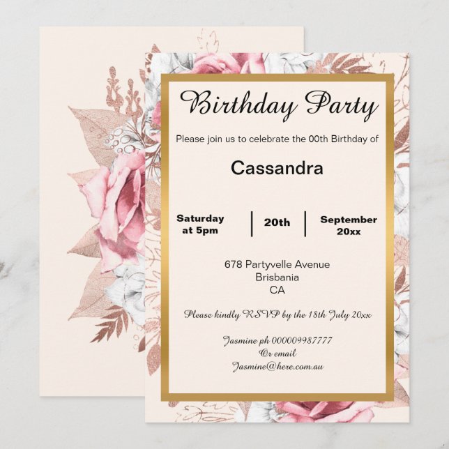 INVITATION FLORAL ROSE ROSE OR ANNIVERSAIRE (Devant / Derrière)