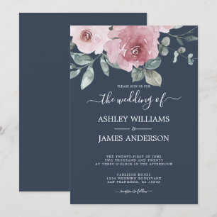 Invitation Floral rose rose rose Mariage bleu foncé