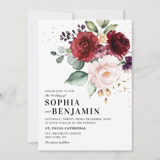 Invitation Floral rose rose rouge rousse marsala de Bourgogne (Devant)