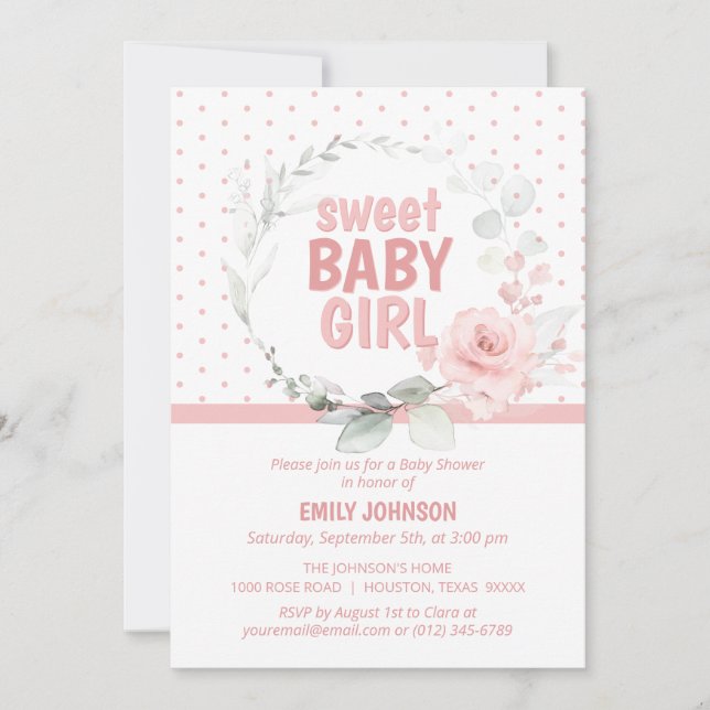 Invitation Floral Rose Rose Sweet Baby Girl Baby shower (Devant)