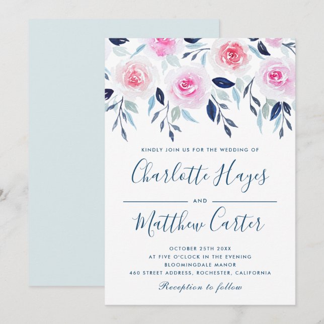 Invitation Floral rose Roses Bleu Feuille Aquarelle Mariage (Devant / Derrière)