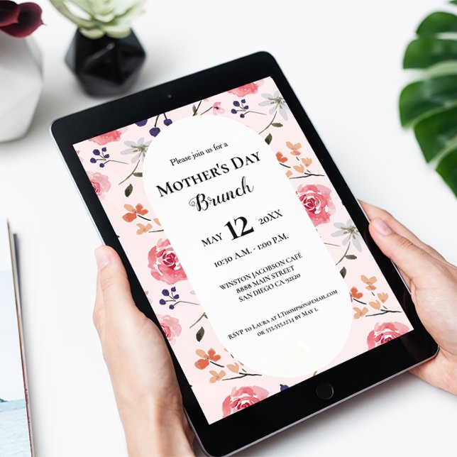 Invitation Floral Rose Roses Peonies Fête des mères brunch (Mother's day brunch digital download invitation. Pink roses, peonies watercolor pattern design.)