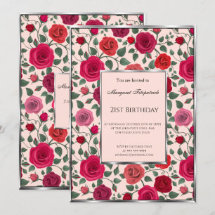 Invitation Floral rose rouge fleurs 21e anniversaire