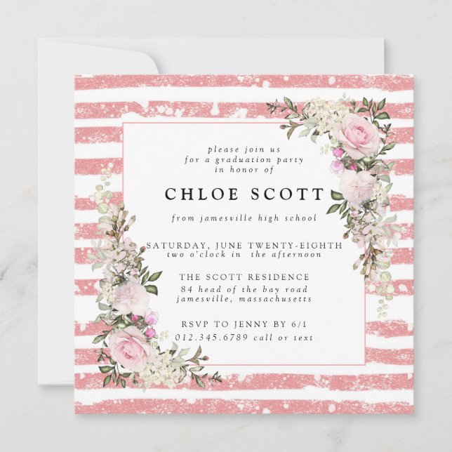 Invitation Floral rose rustique et graduation en bande (Devant)