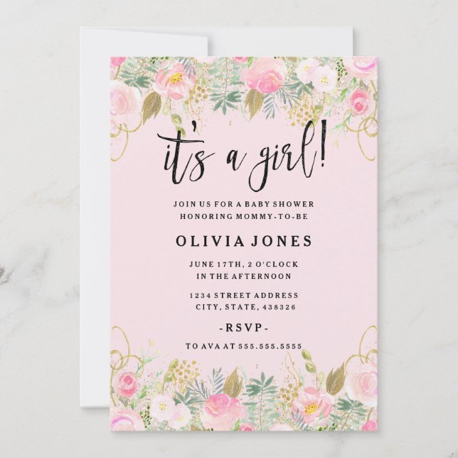 Invitation Floral rose sucré est une fille Baby shower Invita (Devant)