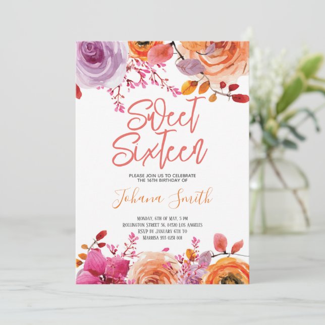 Invitation Floral rose Sweet sixteen orange (Debout devant)