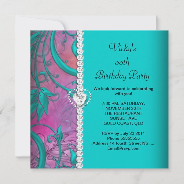 Invitation Floral rose Turquoise bleu blanc fête d'anniversai (Devant)
