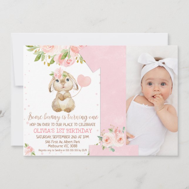 Invitation Floral rose Un lapin Numéro 1er Anniversaire (Devant)