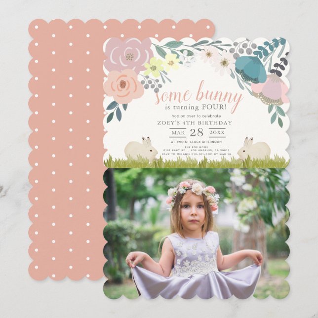 Invitation Floral rose Un Petit Lapin Photo Anniversaire (Devant / Derrière)