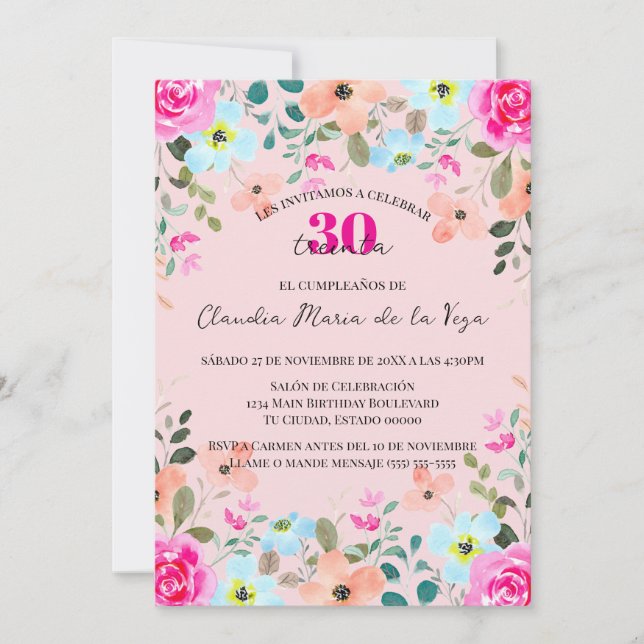 Invitation Floral rose vif espagnol 30ème anniversaire (Devant)