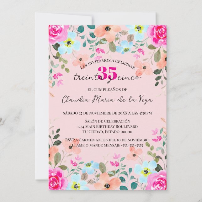 Invitation Floral rose vif espagnol 35ème anniversaire (Devant)