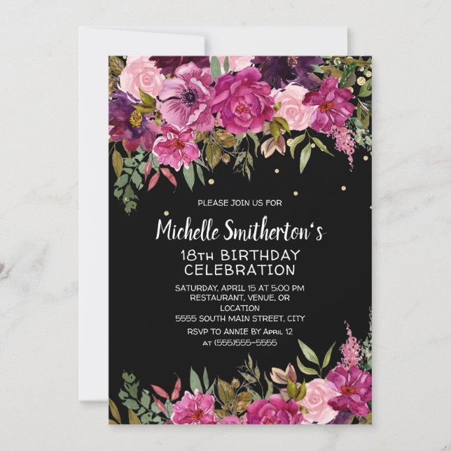Invitation Floral rose violet 18e anniversaire noir (Devant)