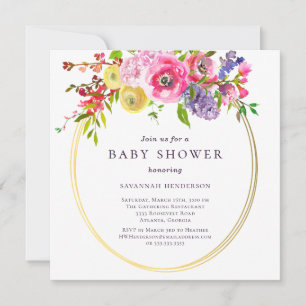Invitation Floral rose violet avec Accents Or Baby shower I