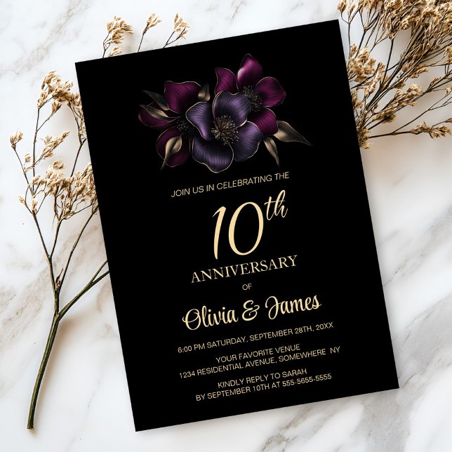 Invitation Floral rose violet noir 10e anniversaire (Créateur téléchargé)