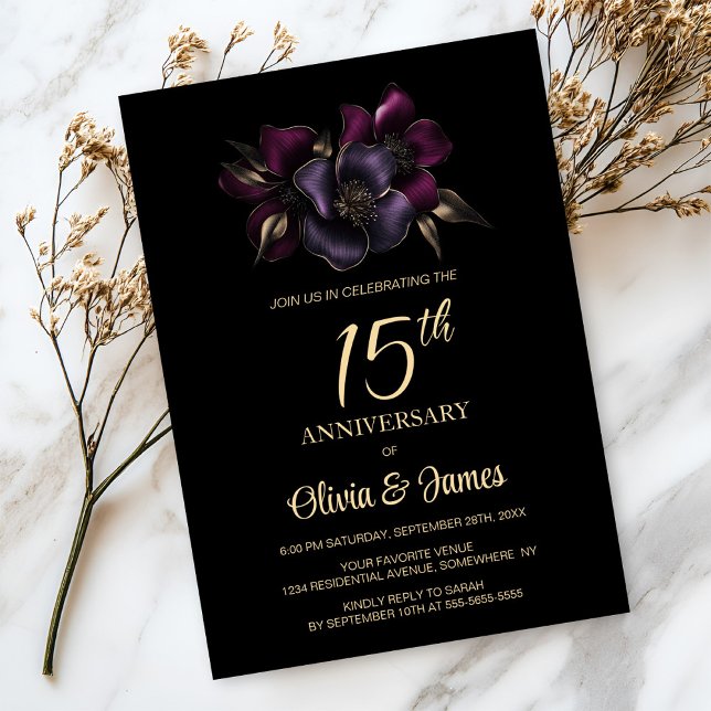 Invitation Floral rose violet noir 15e anniversaire (Créateur téléchargé)