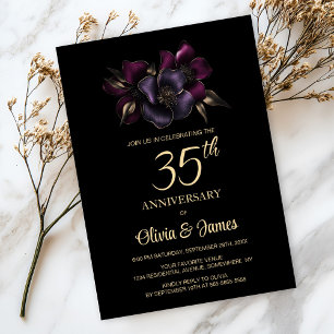 Invitation Floral rose violet noir 35e anniversaire