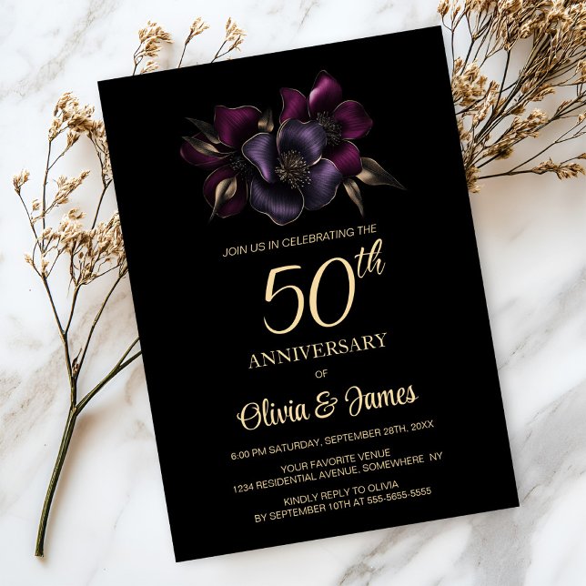Invitation Floral rose violet noir 50e anniversaire (Créateur téléchargé)