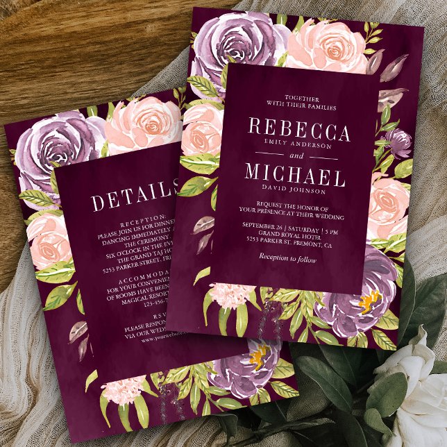 Invitation Floral rose violet tout en un seul Mariage de prun (Créateur téléchargé)