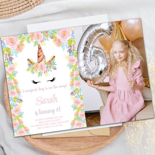 Invitation Floral rose violet Unicorne Photo Anniversaire (Floral Pink purple Unicorn Birthday Photo Invitation)